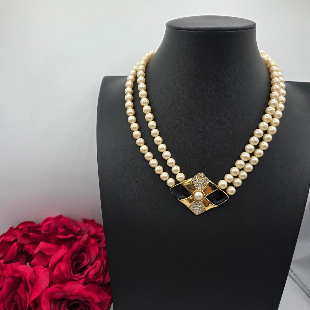 Monet Vintage Double Strand Faux Pearl Necklace Black Enamel Rhinestone Art Deco